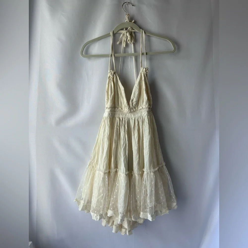 Cream Halter Flowy Sun Dress with Polka Dot Overlay - Picture 2 of 5